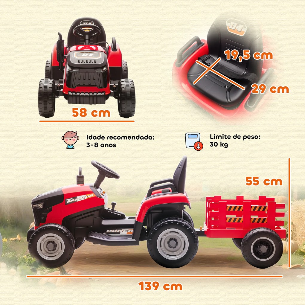 Trator Elétrico para Crianças com Reboque Desmontável Bateria 12V Velocidade 3-5 km/h Controle Remoto 2,4G 139x58x55 cm Vermelho