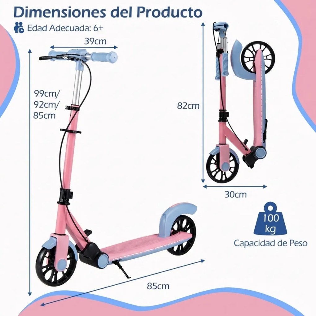 Trotinete dobrável para crianças +6 anos 2 rodas iluminadas com Guiador ajustável em 3 alturas Plataforma antiderrapante Rosa