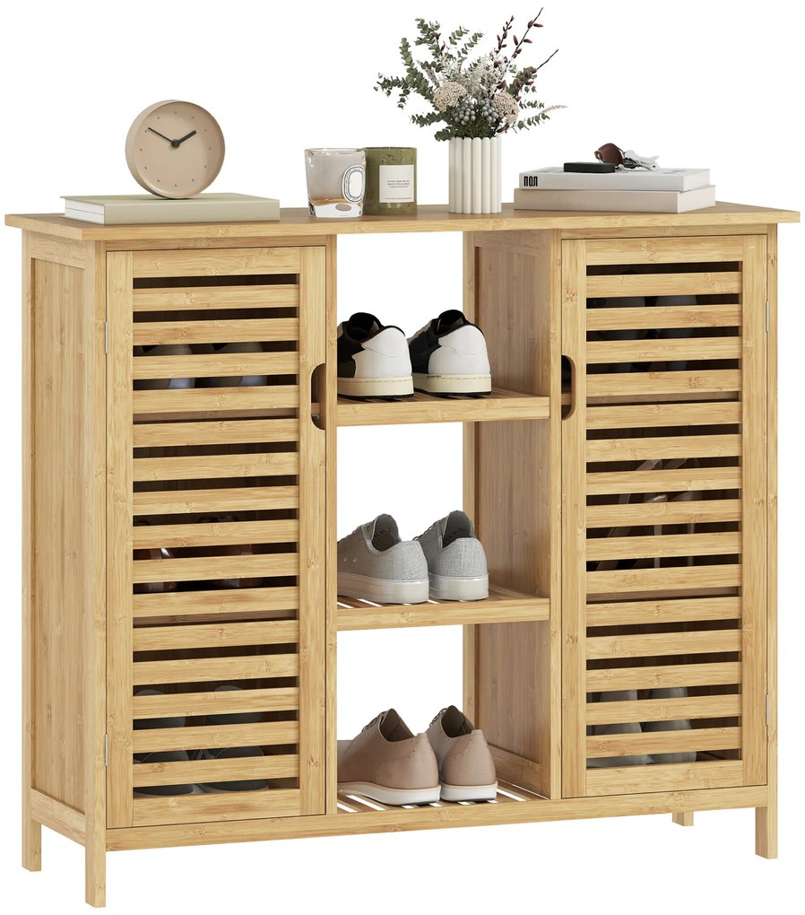 HOMCOM Sapateira com 2 Portas de Bambu em Ripas Sapateira para Entrada com Prateleiras e Compartimentos Abertos para 9 Pares de Sapatos 100x33x86 cm Madeira