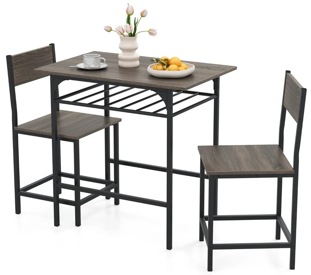 Conjunto de mesa de jantar com 2 cadeiras com prateleira aberta, estrutura metálica cinzento