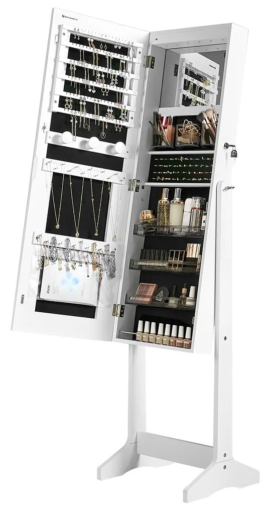 Armário de joias SONGMICS, organizador de joias com espelho e iluminação LED, cor e brilho ajustáveis, com espelho de corpo inteiro sem moldura, espelho interno com iluminação, branco JJC012W01