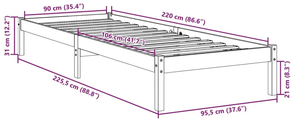Cama extra longa sem colchão 90x220 cm pinho maciço branco
