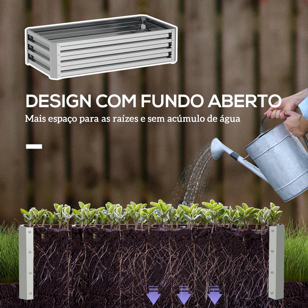 Floreira de Aço Galvanizado para Cultivar Plantas Flores Floreira Exterior Retangular com Fundo Aberto 120x60x30,5 cm Prata