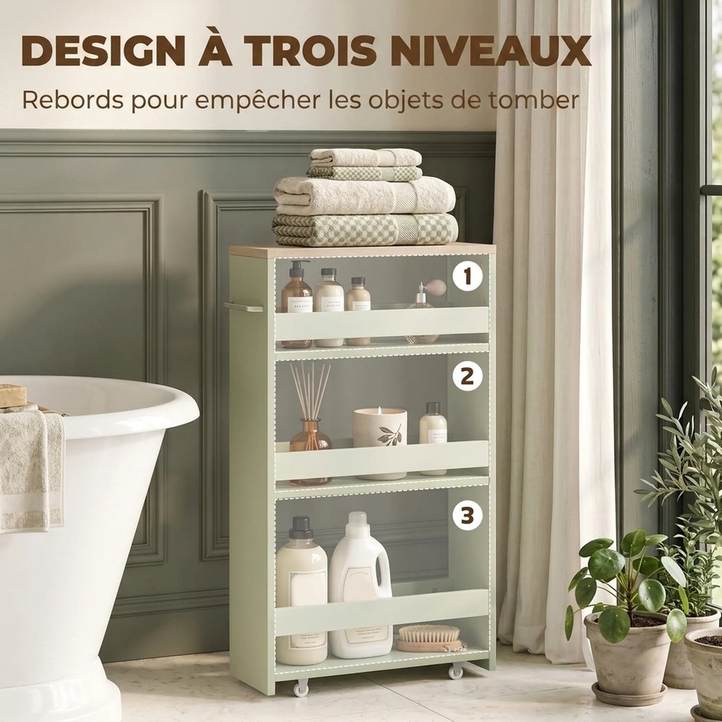 Carrinho de Arrumação para Casa de Banho, 48 x 15 x 80 cm, 3 Níveis de Arrumação, Verde