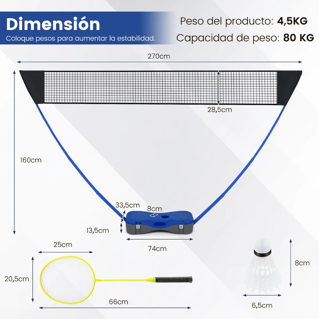 Conjunto portátil de badminton para crianças com 2 raquetes 2 penas Estrutura em PVC, baliza de futebol e rede de pátio 270 x 33,5 x 160 cm Azul