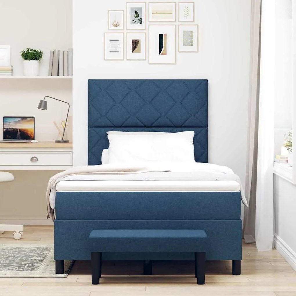 Cama Box Spring com Colchão &amp; Banco Azul 120x200 cm Tecido