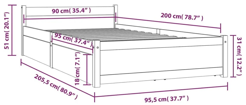 Estrutura de cama c/ gavetas 90x200 cm preto