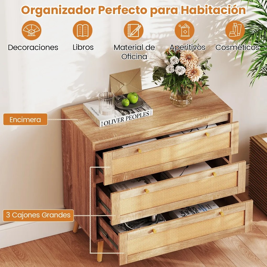 Cómoda em rattan 80 x 40 x 75,5 cm com 3 gavetas e pés em madeira de pinho, estilo boémio, para o quarto, sala de estar ou hall de entrada, com um toq