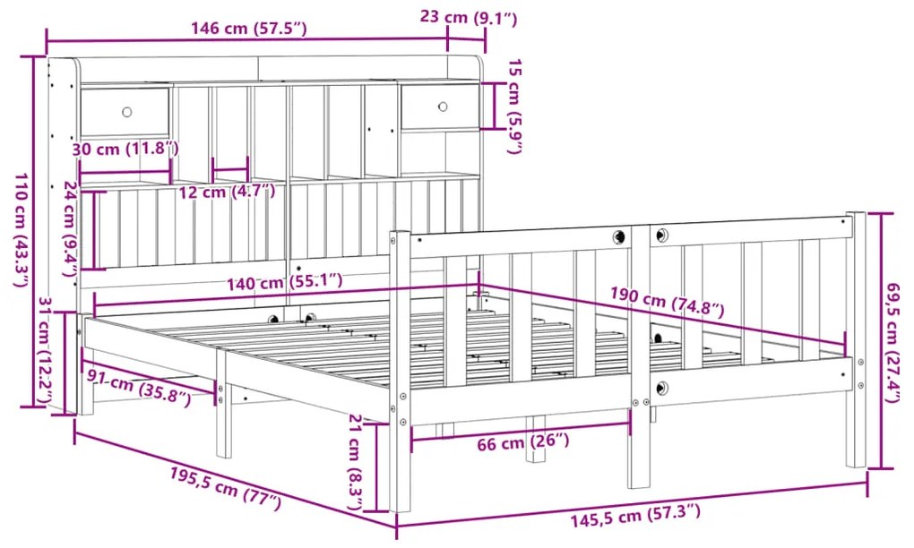 Cama com estante sem colchão 140x190 cm pinho maciço branco