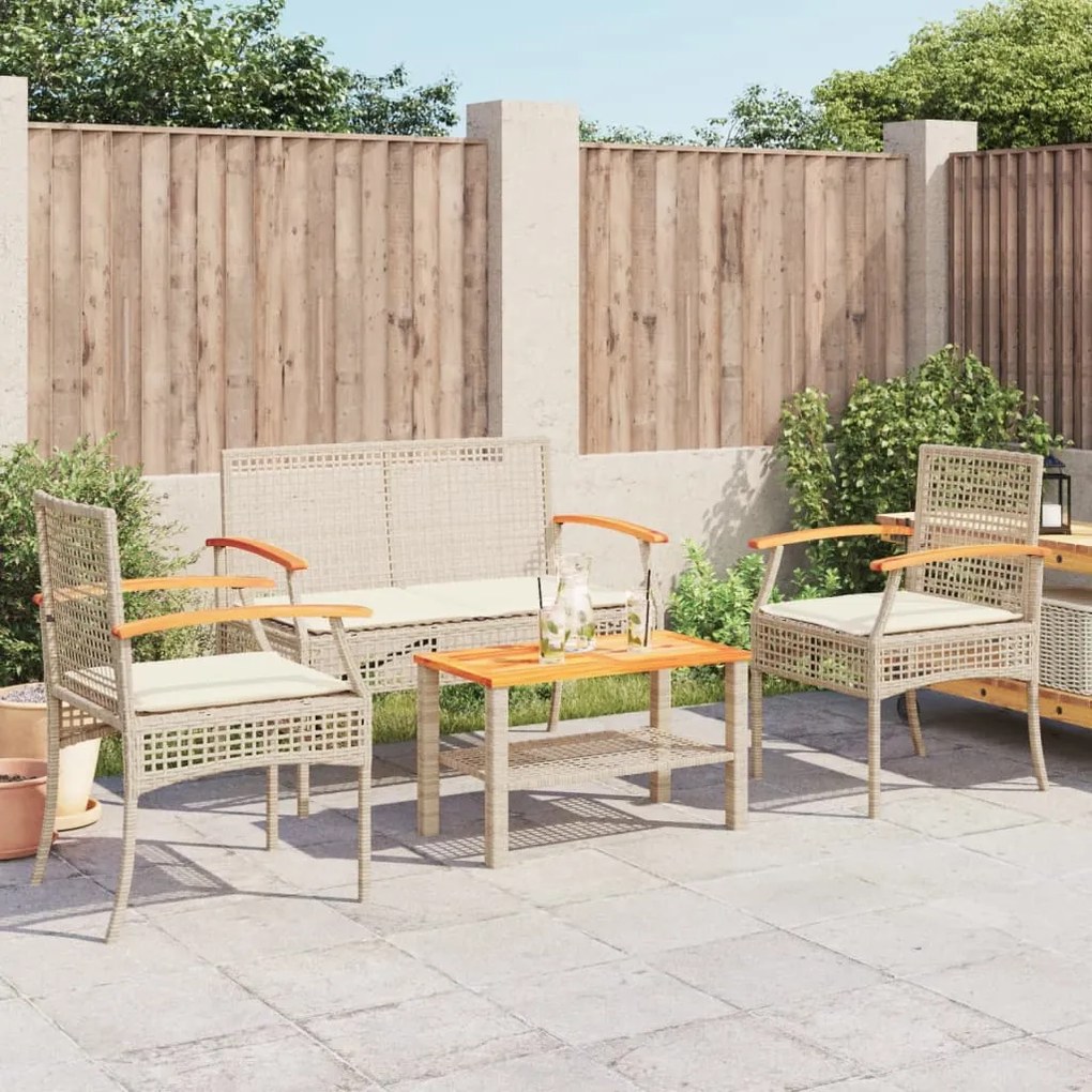 4 pcs conjunto lounge de jardim c/ almofadões vime PE bege