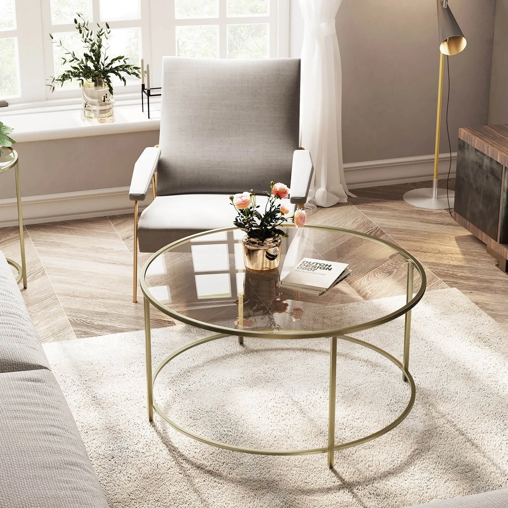 Mesa de centro redonda com superfície de vidro 84 x 84 x 45,5 cm dourada