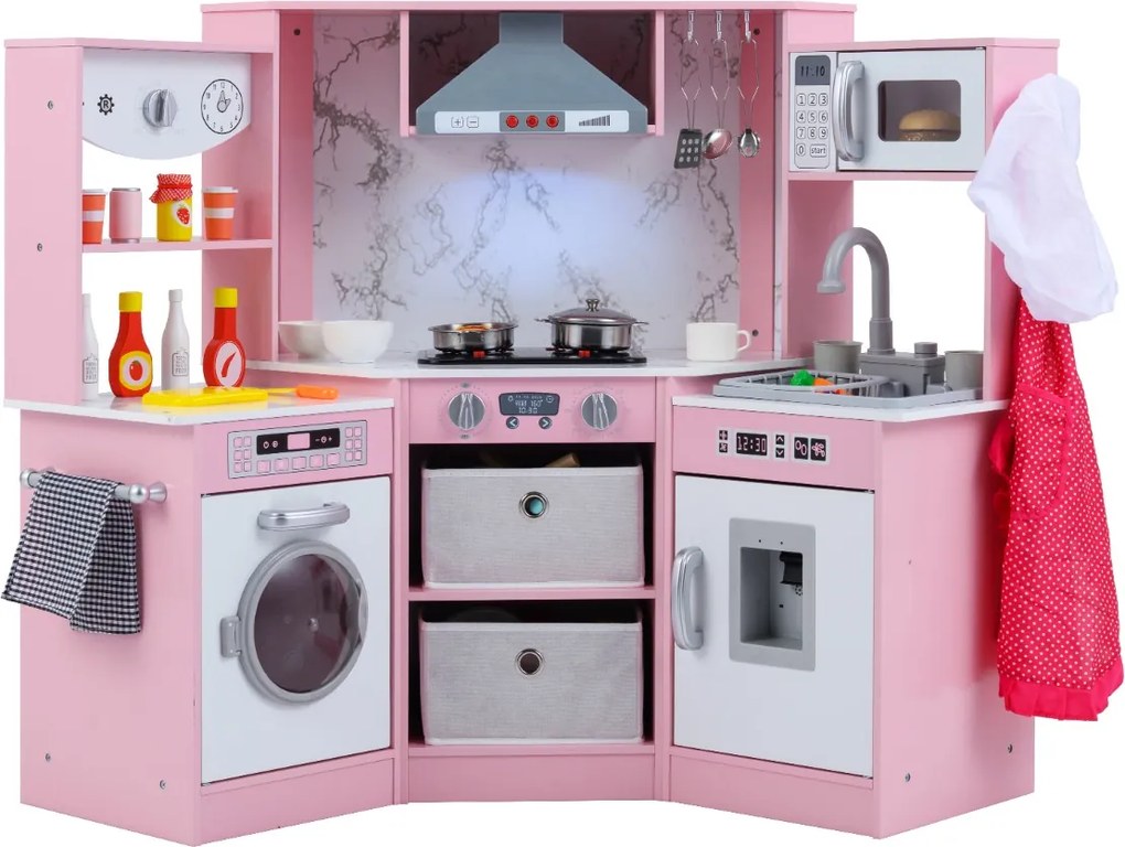 Cozinha Brincar de madeira para crianças 102 x 51 x 85 cm com luzes e sons, exaustor iluminado, sistema de água com dispensador e máquina de lavar par