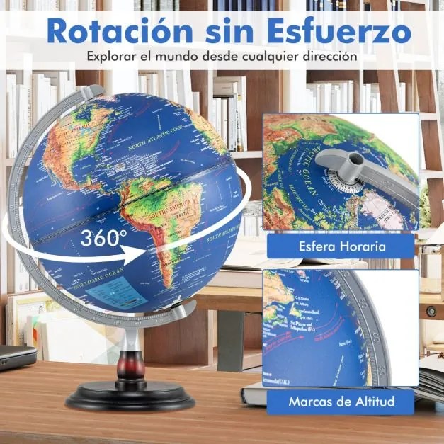 Globo Terrestre 32 x 32 x 45 cm Iluminado Lámpada de Noite com Suporte de Madeira e Mapa Transparente para Crianças e Adultos Azul