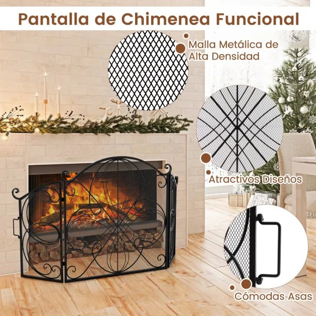 Protetor frontal para lareira de 3 painéis com padrão floral e resistente para lareira em metal para sala de estar 151 x 83 cm Preto