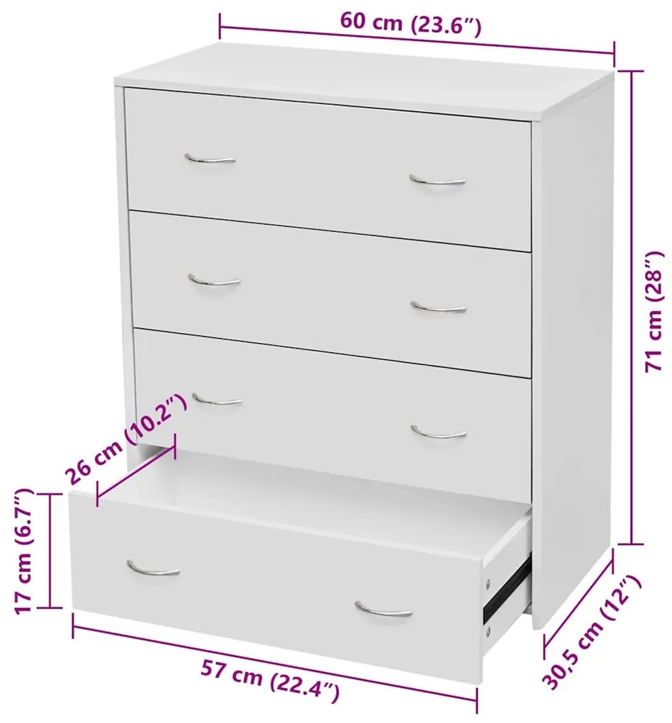 Aparador com 4 gavetas 60 x 30,5 x 71 cm branco