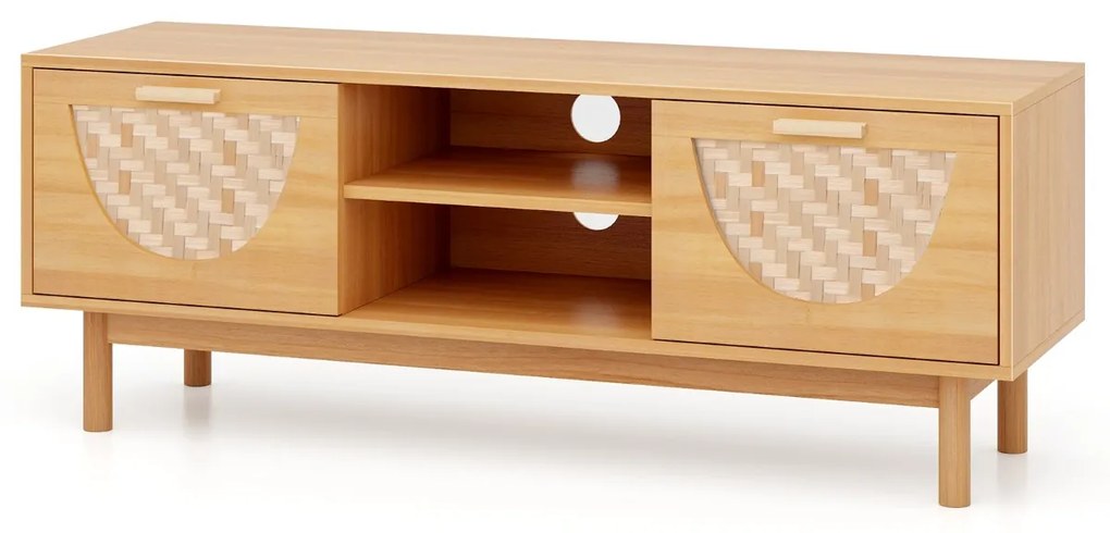 Móvel para TV 55'' Mesa de consola 55'' com prateleiras abertas Gavetas em tecido de bambu Pernas em madeira maciça para o quarto Natural