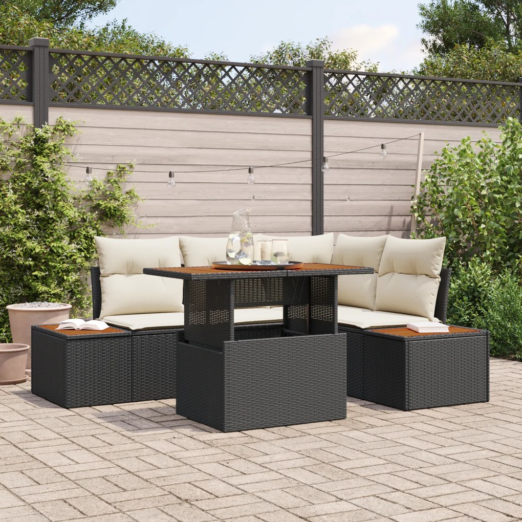Conjunto de Sofá de Jardim vidaXL 5 Peças com Almofadas Preto Rattan S
