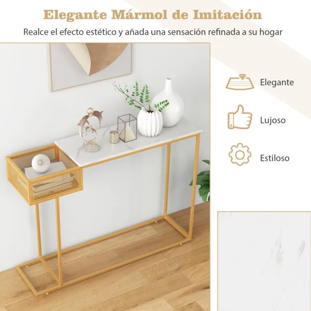 Mesa de consola de mármore falso com estrutura de metal retangular com cesta de arame para sala de estar 110 x 30 x 80 cm dourada