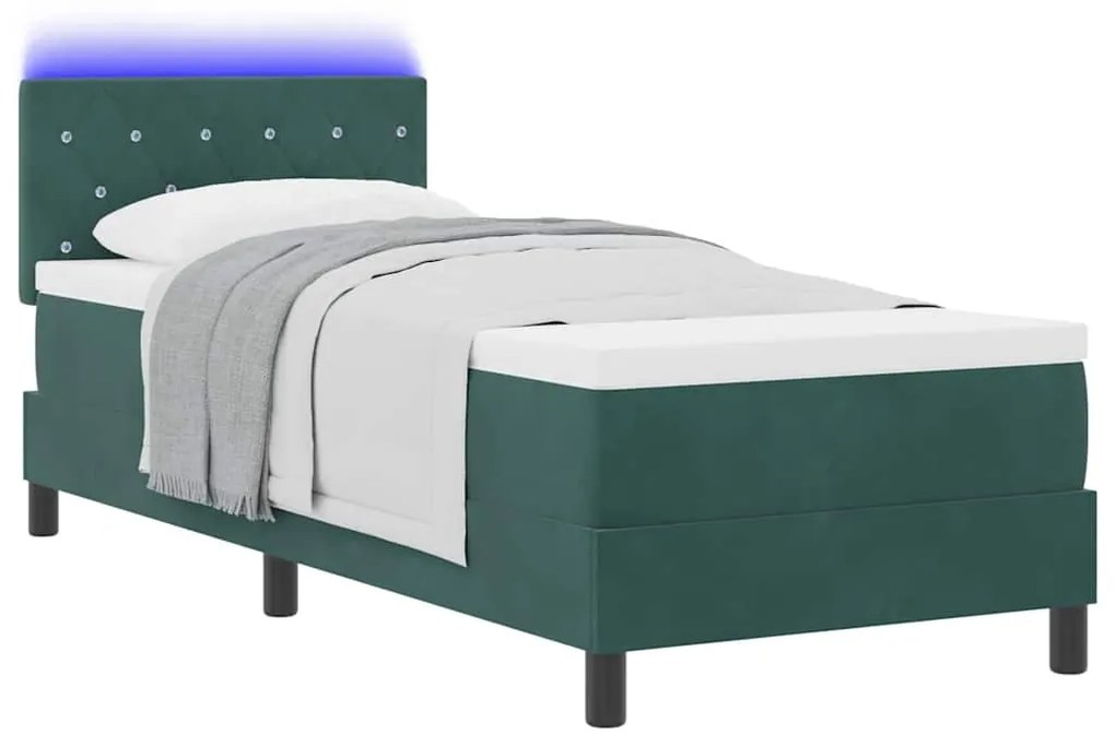 Cama Box Spring com Colchão e LED Verde Escuro 80x200 cm Veludo