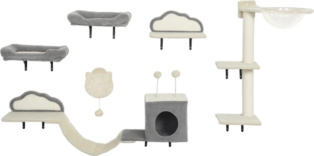 Prateleiras de parede para gatos, conjunto de móveis de parede de 6 peças, rede de bolhas em acrílico, compartimentos abertos, rede e escada bege, cin