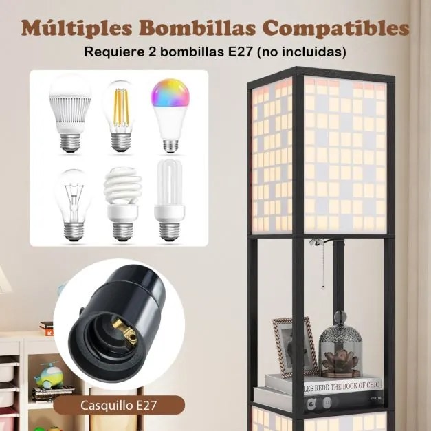 Candeeiro de pé 26 x 26 x 156 cm com 2 luzes e prateleiras de madeira com 2 abajures com padrões recortados Luz independente com puxador preto