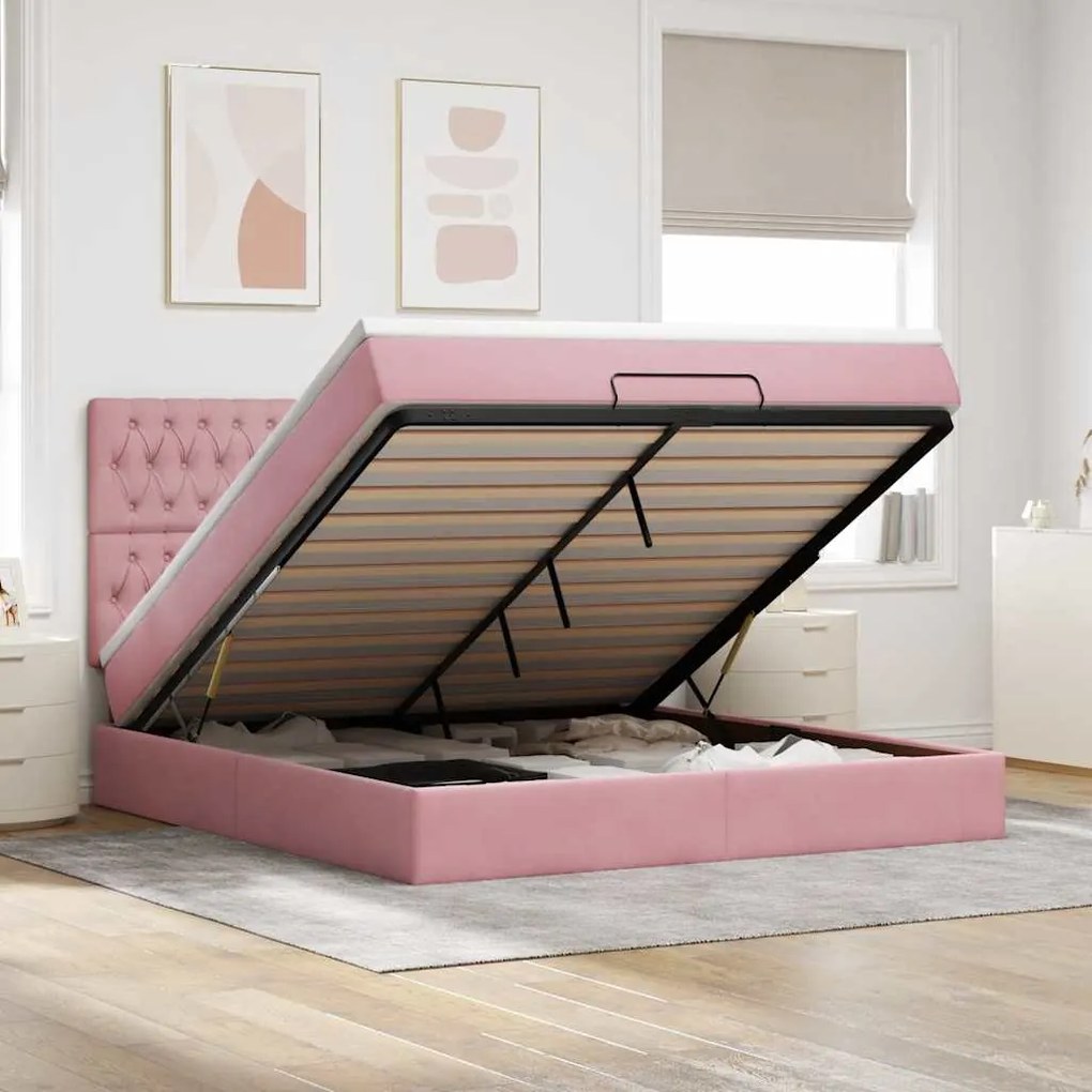 vidaXL Estrutura de cama otomana com colchões 180x200 cm veludo rosa