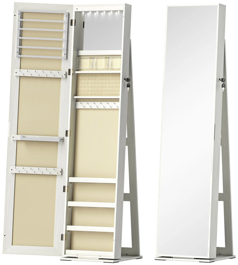 HOMCOM Joalheiro de Pé Armário para Joias com 6 Luzes LED Fechadura Prateleiras Suportes para Anéis 38x38x157 cm Branco e Bege