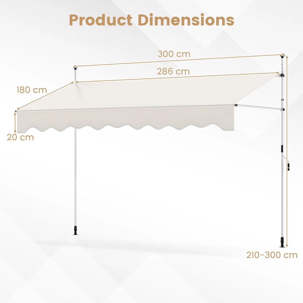 Toldo retrátil manual 3 m x 180 cm Sombra exterior ajustável sem perfuração com manivela para pátio, varanda, jardim Branco