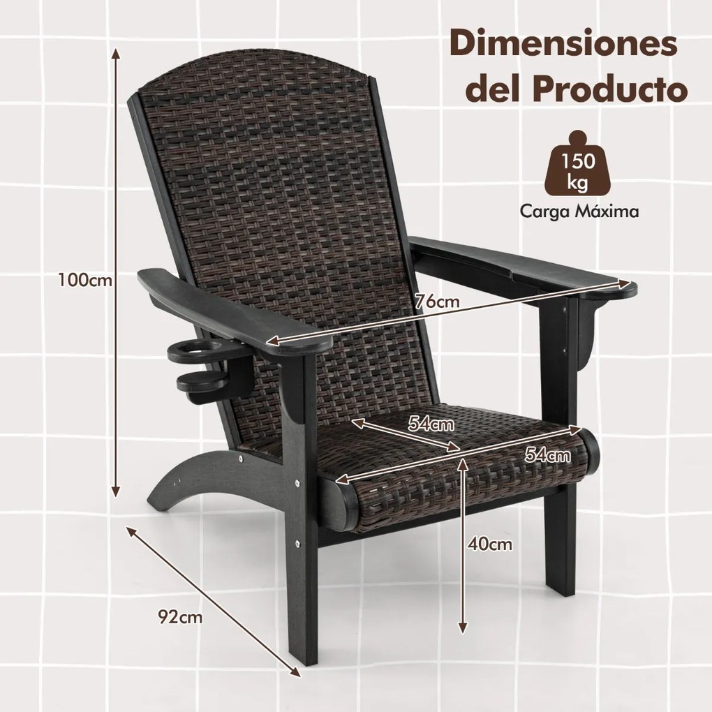 Cadeira Adirondack para Jardim em HDPE com assento e encosto almofadados em rattan, braços largos e porta-copos Cor do rattan Castanho misturado e Bra