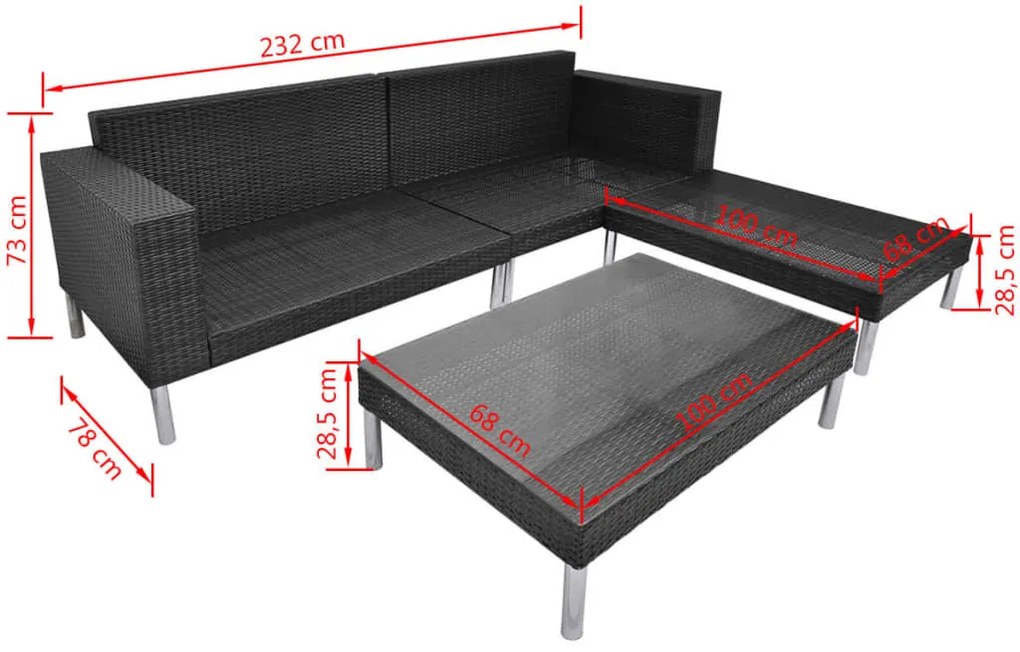 4 pcs conjunto lounge de jardim c/ almofadões vime PE preto