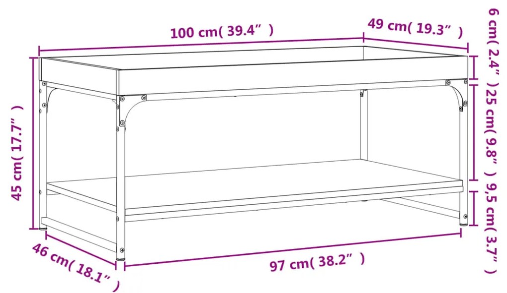 Mesa centro 100x49x45 cm derivados de madeira carvalho castanho