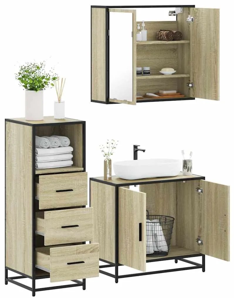 vidaXL 3 pcs conj. móveis casa banho derivados madeira carvalho sonoma