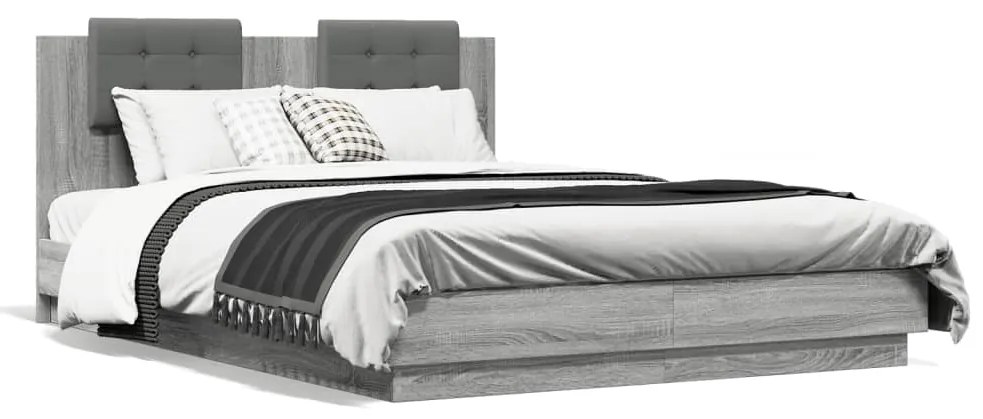 vidaXL Estrutura de cama c/ cabeceira/luzes LED 150x200cm cinza sonoma
