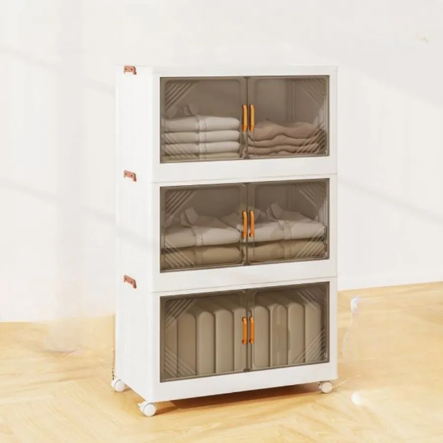Caixas de armazenamento 213 L com tampa 3 Caixas empilháveis com rodas e portas Organizador dobrável para quarto Branco + Castanho