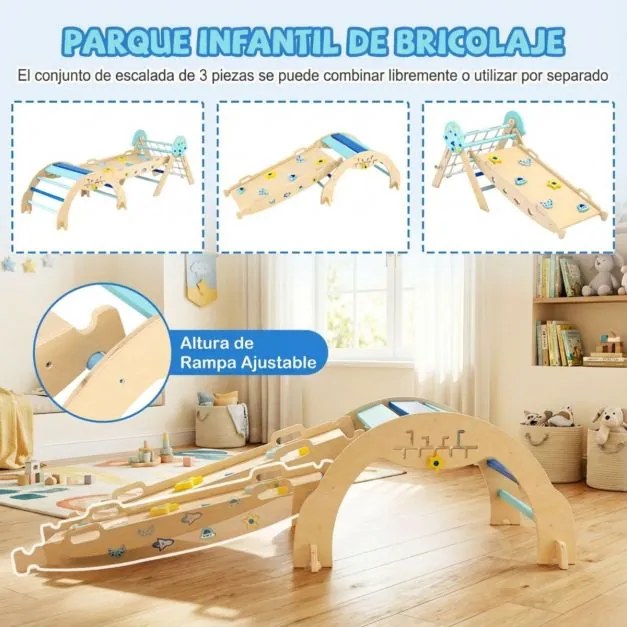 Conjunto de escalada triangular para crianças dobrável com arco, rampa e escalador, brinquedo de madeira para bebés, brinquedo Montessori azul