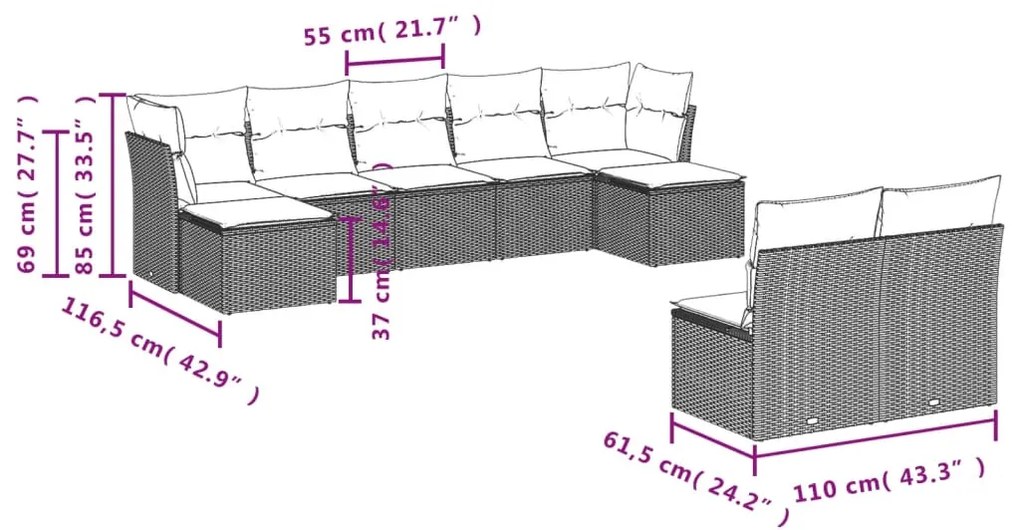 9 pcs conjunto de sofás p/ jardim com almofadões vime PE bege