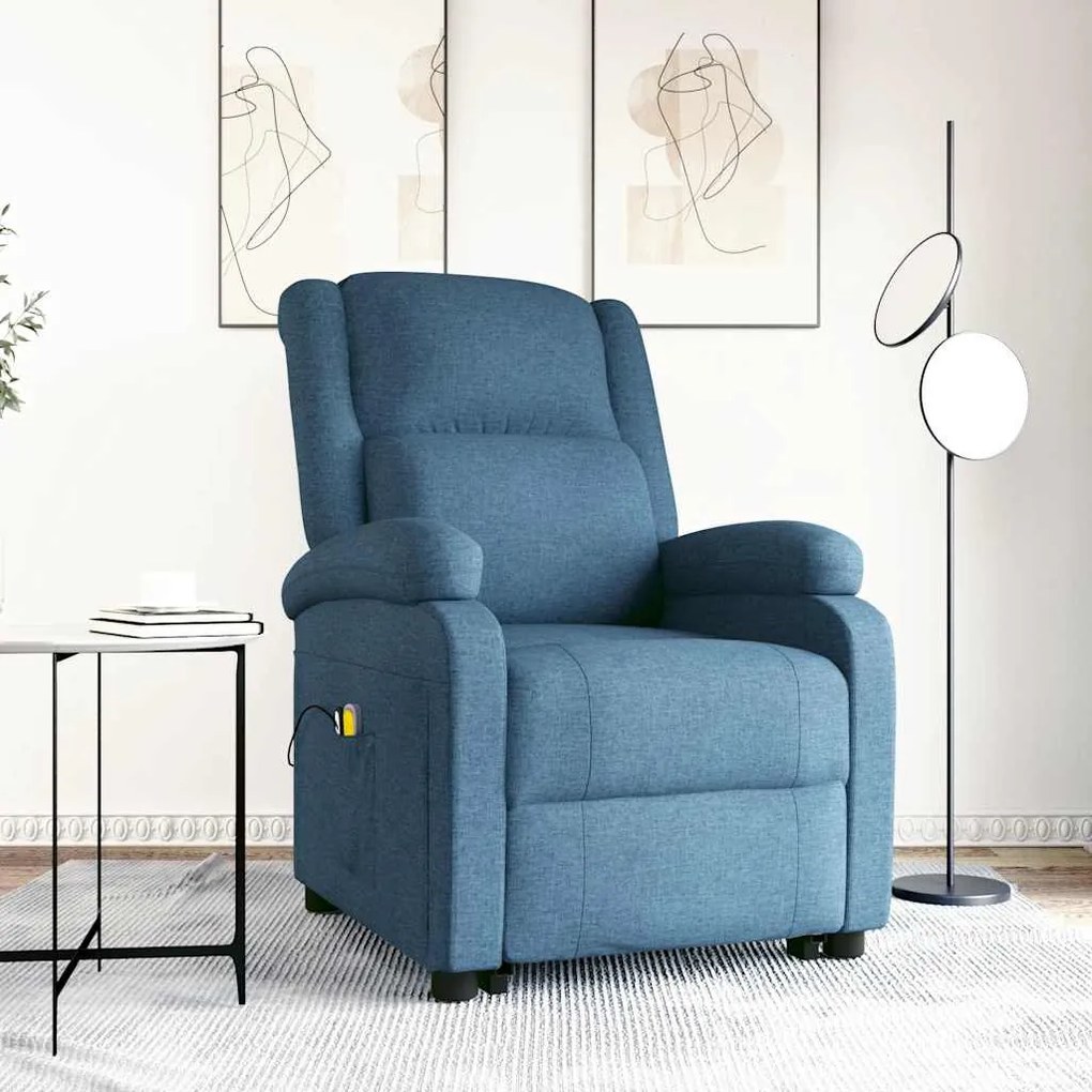 vidaXL Poltrona elevatória de massagens tecido azul