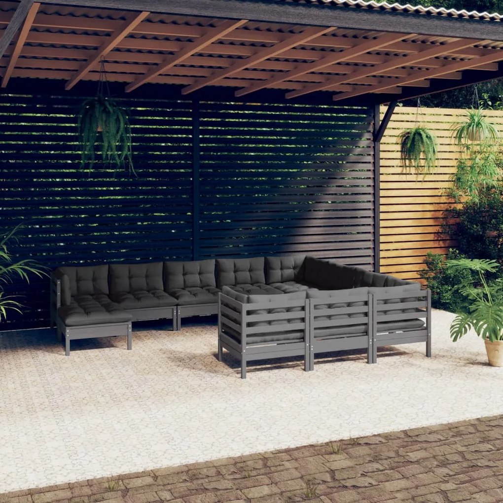 11 pcs conjunto lounge de jardim c/ almofadões pinho cinza