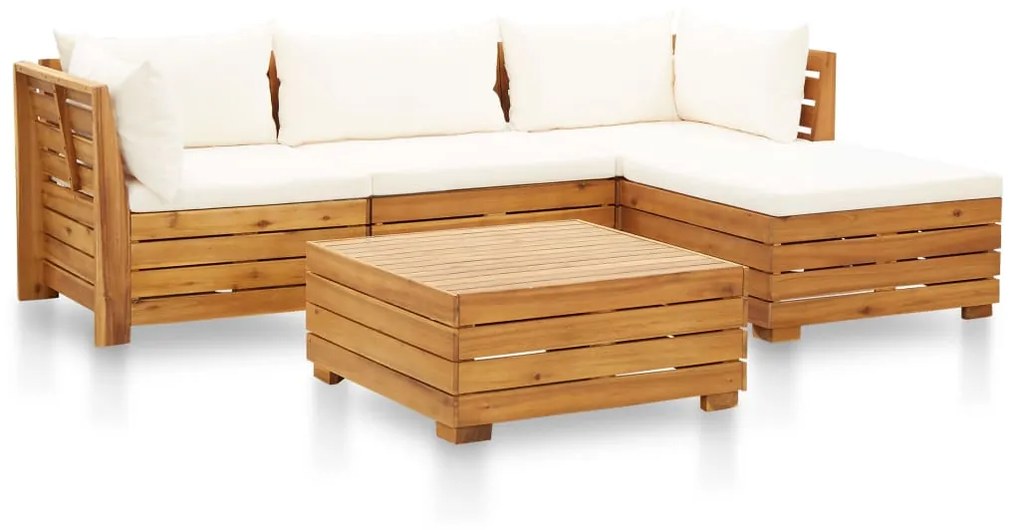 vidaXL 5 pcs conjunto lounge jardim c/ almofadões acácia branco nata