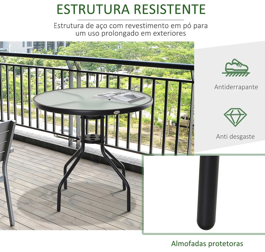 Outsunny Mesa de Jardim Redonda Mesa Sala de Jantar de Cristal Temperado com Orifício para Chapéu de Sol Estrutura Metálica para Pátio Terraço Exterior Ø80x72cm Preto
