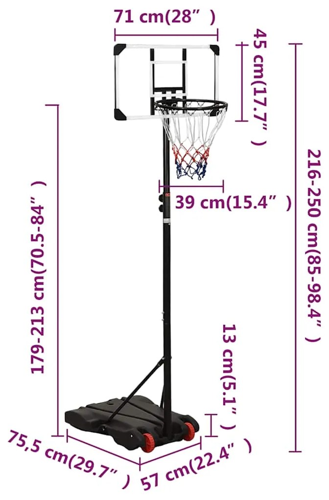 Tabela de basquetebol 216-250 cm policarbonato transparente