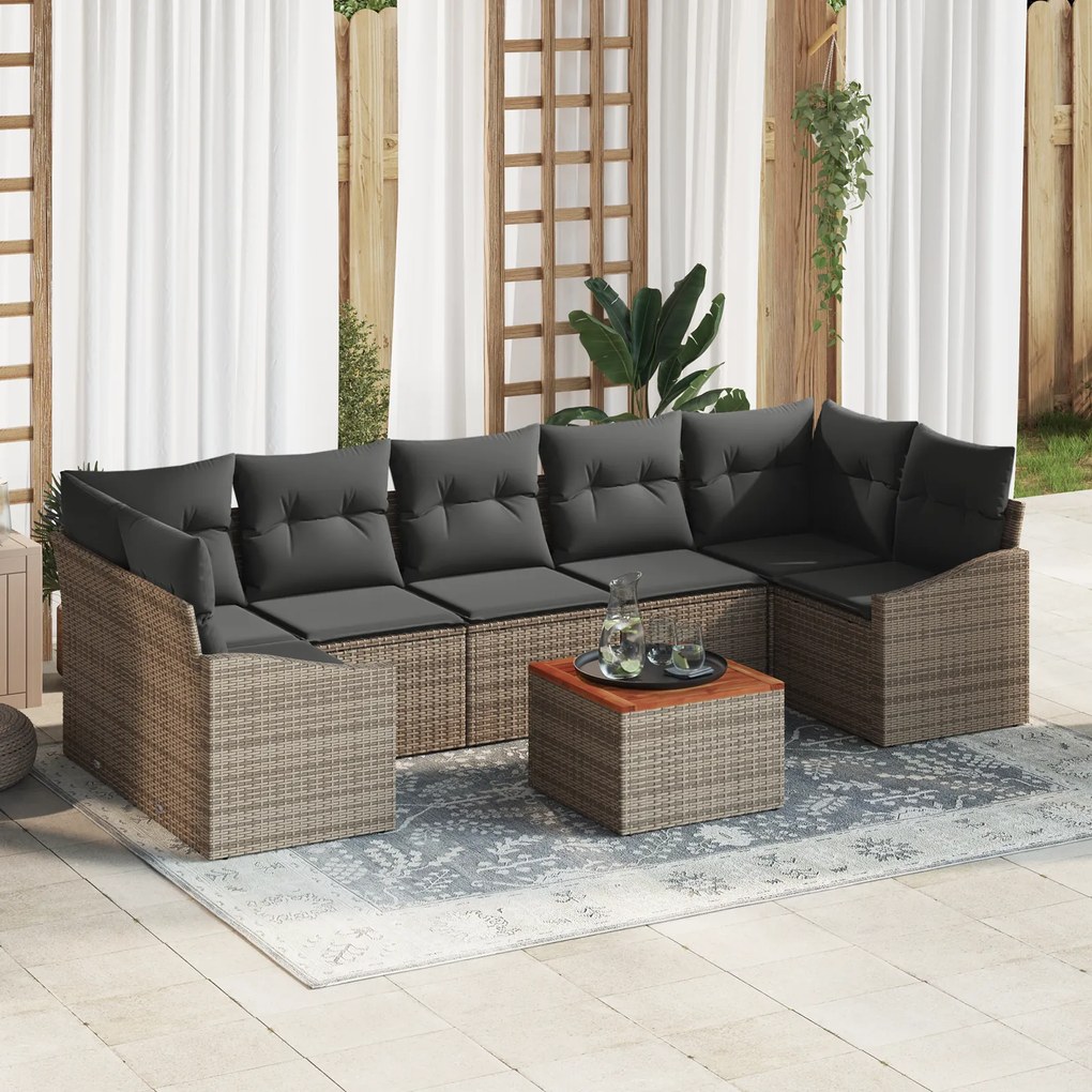 vidaXL Conjunto de Sofá de Jardim de 8 Peças com Almofadas Cinzas de Rattan Poliéster e Acácia