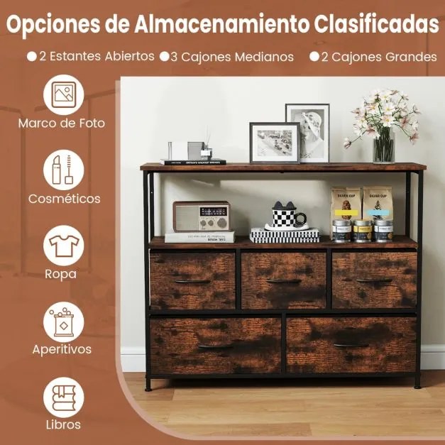 Cômoda para quarto com 5 gavetas 100 × 30 × 80 cm com 2 prateleiras abertas de madeira e estrutura metálica resistente Castanho