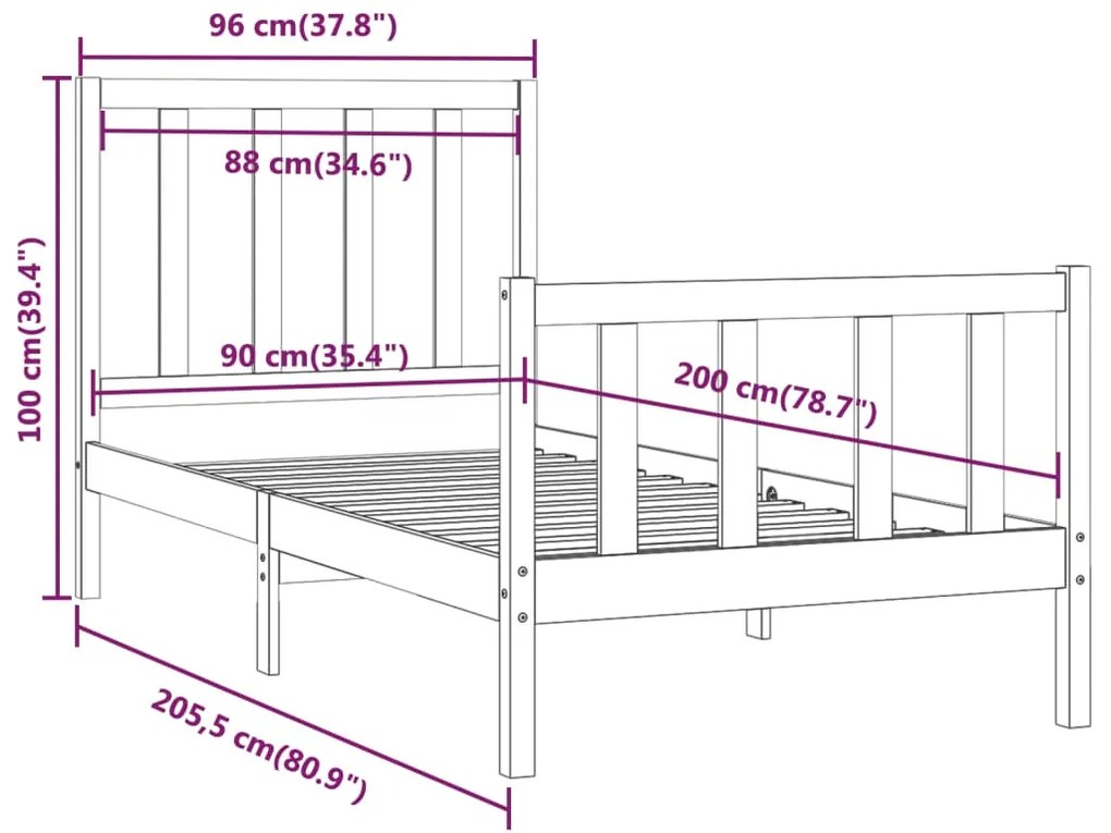 Estrutura de cama 90 x 200 cm madeira maciça