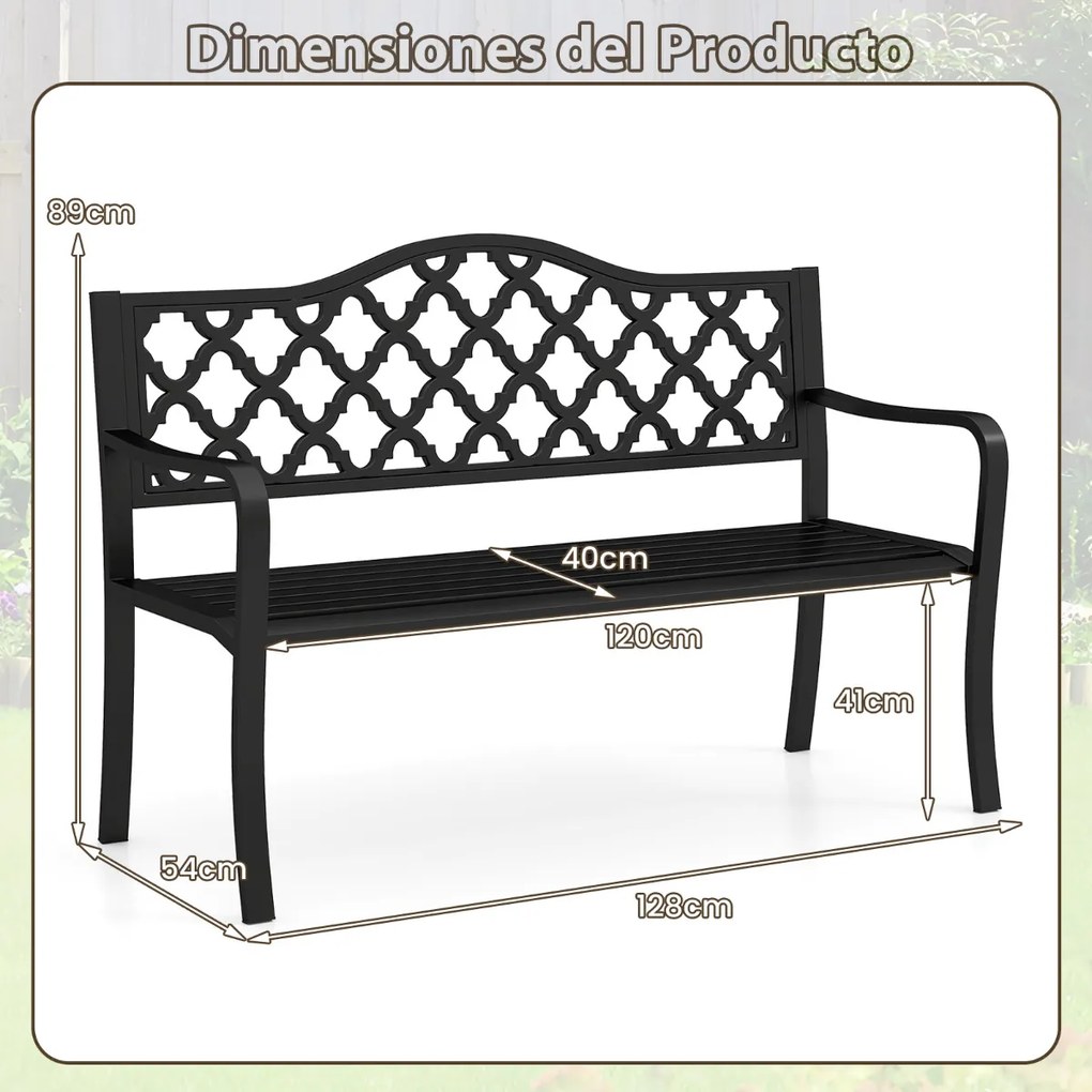 Banco de jardim em metal 54 x 128 x 89 cm com ripas para 2-3 pessoas com braços curvos Assento para varanda Piscina Preto