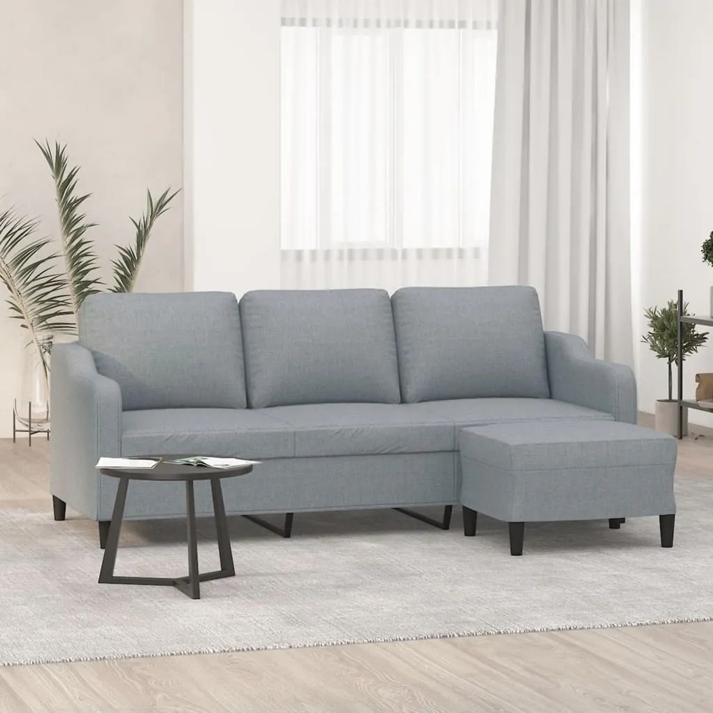 Sofá de 3 lugares com apoio de pés 180 cm tecido cinzento-claro