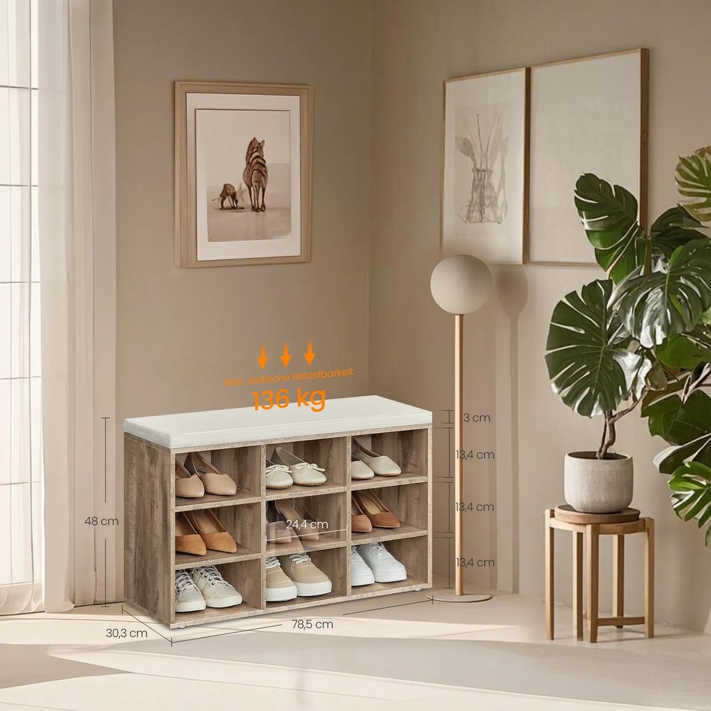 Sapateira com assento almofadado 30,4 x 78,6 x 48,1 cm castanho