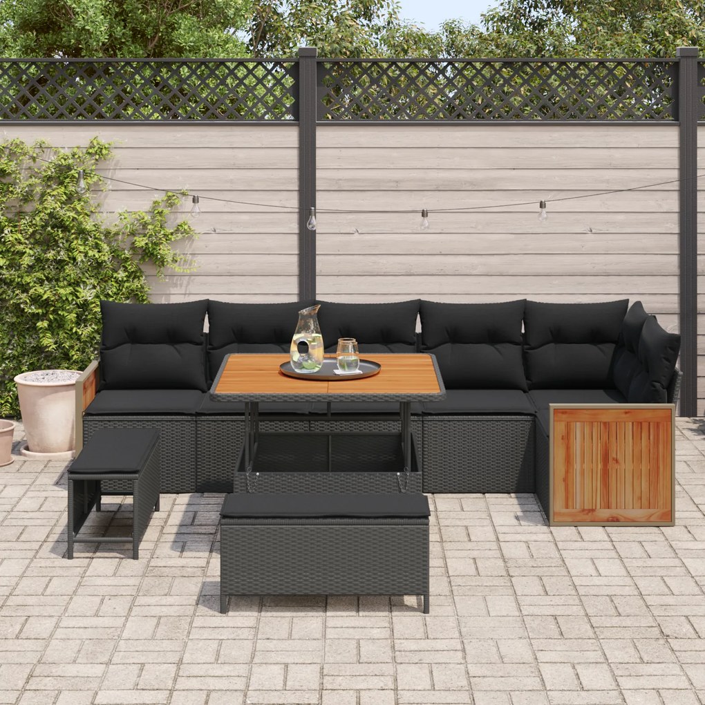 Conjunto de Sofás de Jardim de 9 Peças com Almofadas Rattan Preto Acác