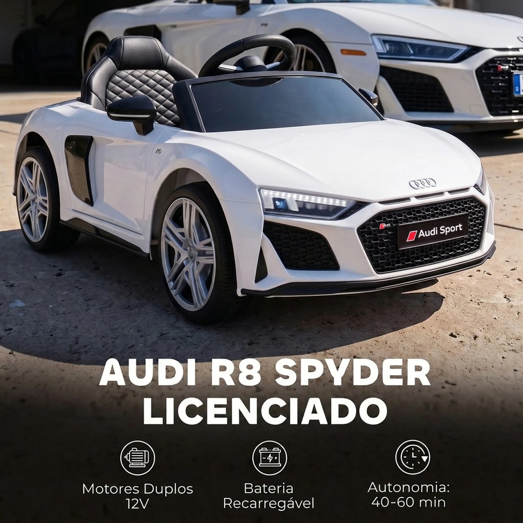 Carro Elétrico Infantil 2 a 5 anos Audi R8 Spider 12 V com Comando 2,4 GHz 2 Motores e Suspensão Traseira Branco
