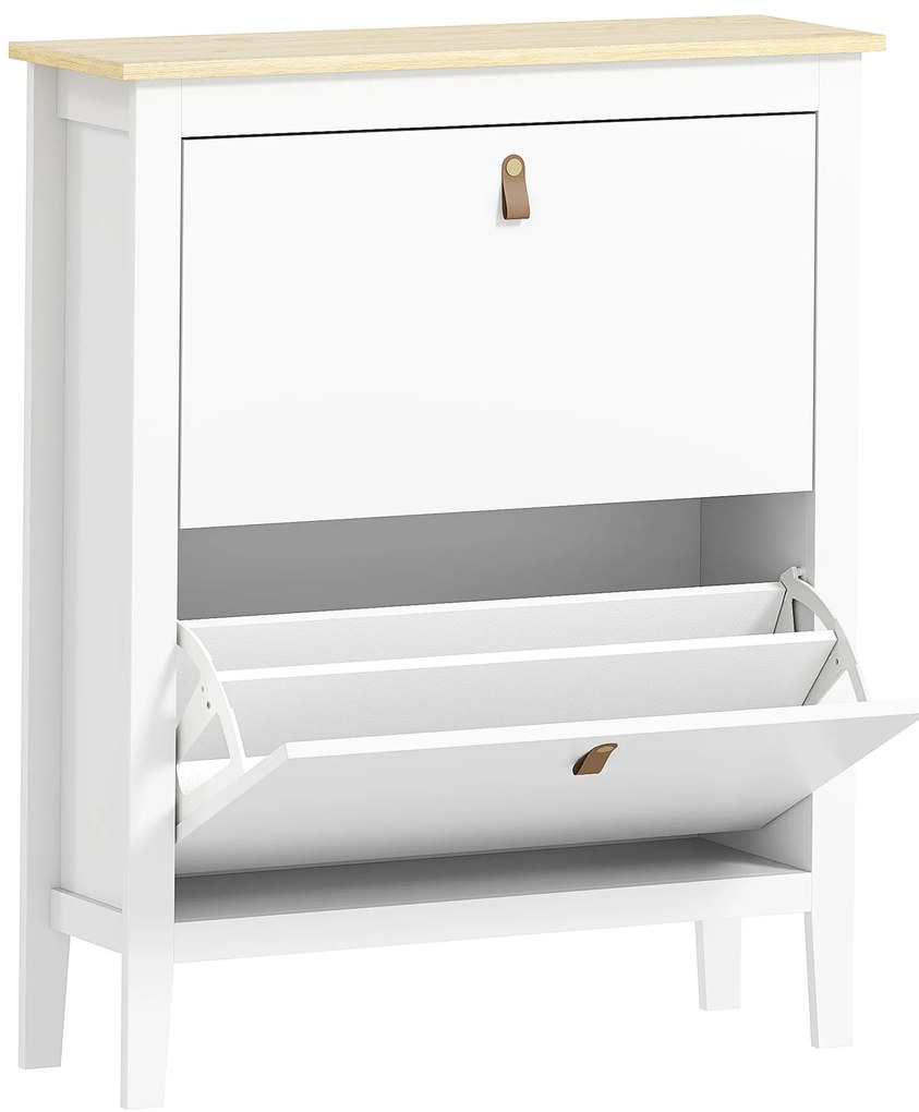 HOMCOM Sapateira Estreita com 2 Gavetas Prateleiras Ajustáveis e Puxadores em PU para 14 Pares de Sapatos 80x24x95,5 cm Branco